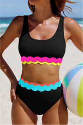 2026 Women's Scalloped-Edge Color-Block High-Waisted Bikini Set