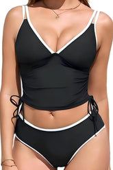 2026 Women's V-neck Drawstring Solid Color Tankini Halter Swimsuit