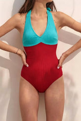 Women's Halter Neck Red And Malachite-Colored Sexy One-Piece Swimsuit