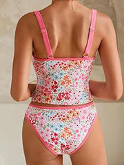 2026 Pink Multicolor Floral Print V-Neck Tankini with Mid Rise Bikini Bottom Two-Piece Swimsuit