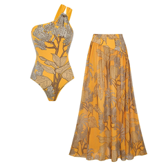 2026 Women's Yellow Printed One-Shoulder Swimsuit and Skirt Two-Piece Set