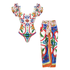 2026 Women's Ruffled Vintage Print One-Piece Swimsuit with Skirt (2-Piece Set)