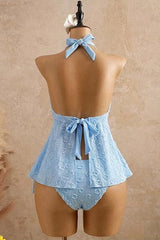 2026 Women's Lace-up Textured Halter Neck Tankini Two-Piece Set