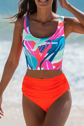 2026 Women's Plant-Pleated High-Waisted Suspender Tankini Swimsuit Set