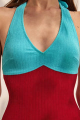 Women's Halter Neck Red And Malachite-Colored Sexy One-Piece Swimsuit