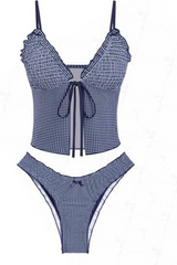 2026 Women's Plaid Bow-Trimmed Ruched Ruffled Tie Front Tankini Suit