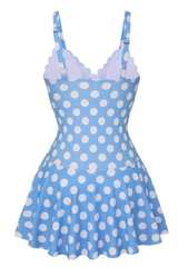 2026 Women's Blue Vintage Polka-Dot Swim Dress with Petal Collar