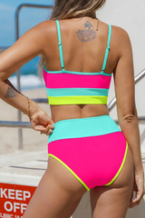2026 Women's Neon Colorblock High Waisted Bikini Set