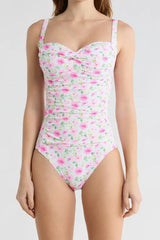 Women's Rose Print Pleated One-Piece Swimsuit
