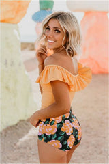 Yellow Off Shoulder Ruffled Top With Floral Bottoms