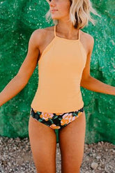 Solid Yellow Halter Tankini Top With Floral Bottom