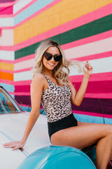 HIGH WAIST BUTTON FRONT TANKINI SET IN TEXTURED LEOPARD