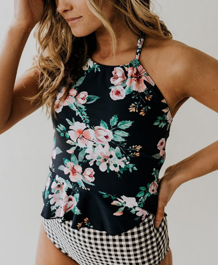 Rose Print with Plaid Tankini Set