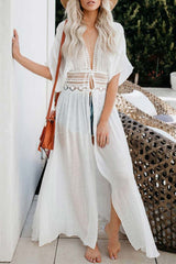 Boho Elbow Sleeve Crochet Trim Maxi Cover Up