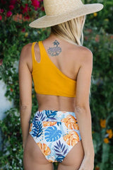 One Shouler Double Straps Leaf Print Bikini Set