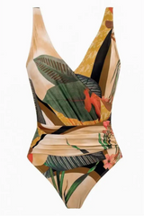 2026 Women's Ruffled Backless Tropical Print Bodycon Swimsuit and Tie-Waist Skirt Set