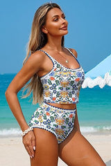 Women's Retro Print Lace Tankini Swimsuit Set