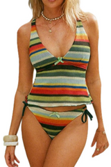 2026 Women's V-neck, Tummy-control, Printed, Tie-Up Thong, Tank Top Two-Piece Swimsuit Set