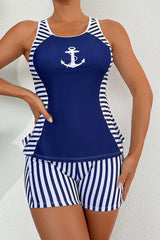 2026 Women's Navy Print Conservative Tankini Boxer Briefs Two-Piece Set