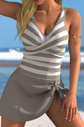 2026 Women's Fashion Striped Color Block Print Suspender One-Piece Swimsuit