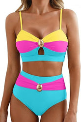 2026 Women's Oval Metal Hollowed-Out Two-Piece Color-Blocked Bikini Set