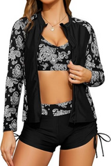 2026 Women's 3 Piece Rash Guard Long Sleeve Bathing Suits with Drawstring Short