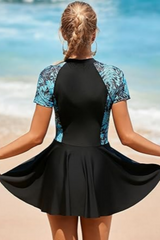2026 Women's Short Sleeve Rash Guard Swimdress One Piece Surfing Zipper Bathing Suit Athletic Swim Skirt