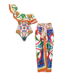 2026 One-shoulder Ruffled Vintage-print One-piece Swimsuit with Skirt