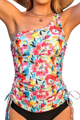 2026 Women's Printed One-Shoulder Tankini Set with Side Drawstrings