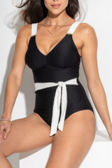 2026 Women's Solid Color Patchwork Swimsuit With Waist Tie