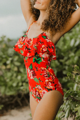 2026 Women's Red Floral Ruffle One-Piece Swimsuit