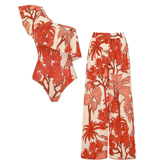 2026 Women's One-Shoulder Ruffled Botanical Print Swimsuit Two-Piece Set