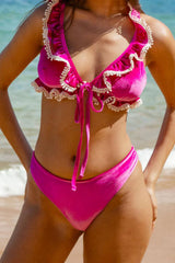 2026 Hot Pink Velvet Lace Ruffle Front Tie Halter Bikini Two-Piece Set