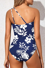 Stylish White Flower One-Shoulder Tummy Control One Piece Swimsuit