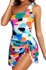Color Block One Piece Swim Dress One Shoulder Swimsuit with Skirt