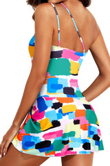 Color Block One Piece Swim Dress One Shoulder Swimsuit with Skirt