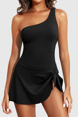 Black One Piece Swim Dress One Shoulder Swimsuit with Skirt