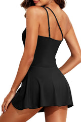 Black One Piece Swim Dress One Shoulder Swimsuit with Skirt