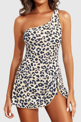 Leopard One Piece Swim Dress One Shoulder Swimsuit with Skirt