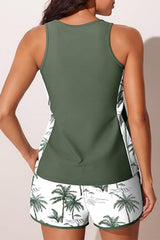 Sporty Blouson Two Piece Tankini Swimsuits with Green Coconut Tree Print