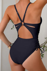 Crisscross Back Ring Detail Tummy Control Black One Piece Swimsuit