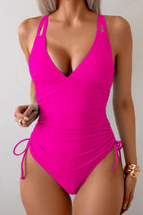 Crisscross Back Ring Detail Tummy Control Pink One Piece Swimsuit