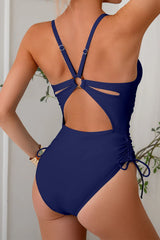 Crisscross Back Ring Detail Tummy Control Navy One Piece Swimsuit