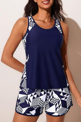 Sporty Blouson Two Piece Tankini Swimsuits with Cube Print