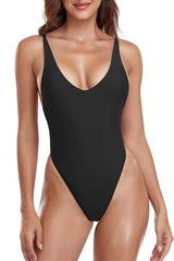 Black Thong One Piece Swimsuit Deep V Neck High Cut Backless Bathing Suit