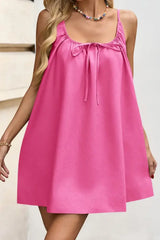 2026 Women Solid Color Spaghetti Strap Front Tie Backless Loose A-Line Mini Beach Cover Up Dress