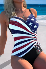 2026 Women's American Flag Print Drawstring One-Piece Swimsuit