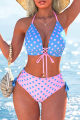 2026 Women's Polka Dot Print Adjustable Halter-Tie Bikini Set