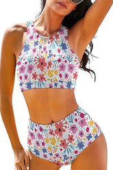 Women's Off-Shoulder Sporty Printed High-Waisted Bikini Set