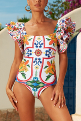 2026 Women's Ruffled Vintage Print One-Piece Swimsuit with Skirt (2-Piece Set)